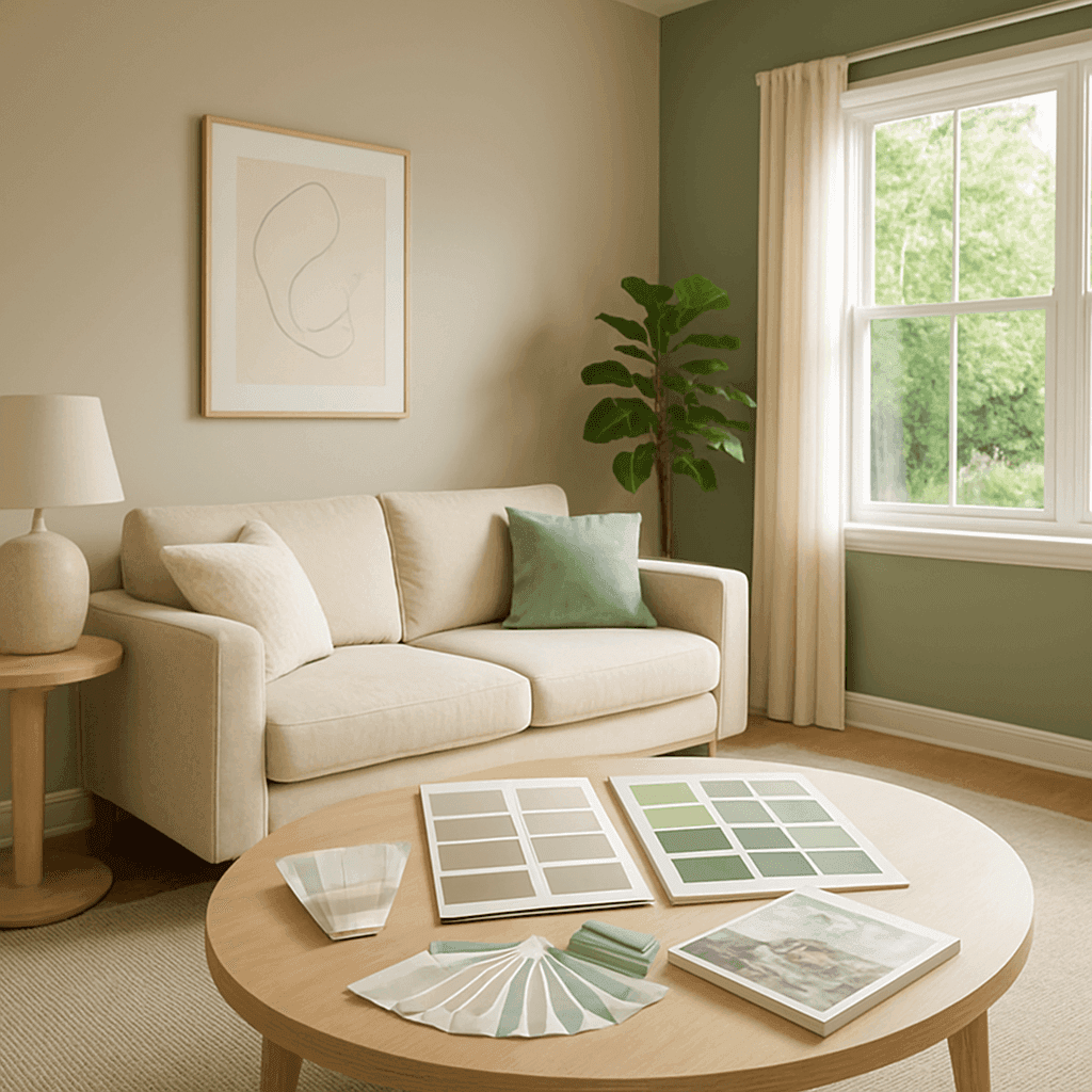 A modern Houston living room painted in warm greige and soft sage green with paint color samples and fan decks on the coffee table