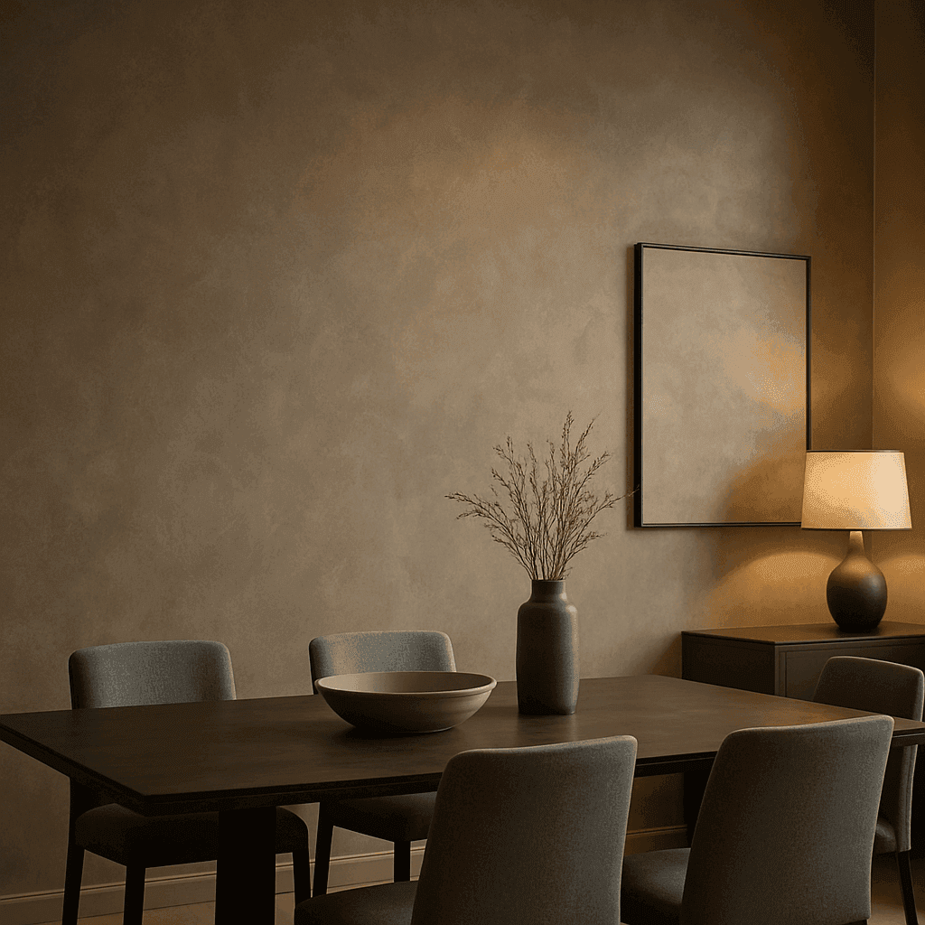 Warm taupe Venetian plaster feature wall with luminous polished depth in a Houston dining room
